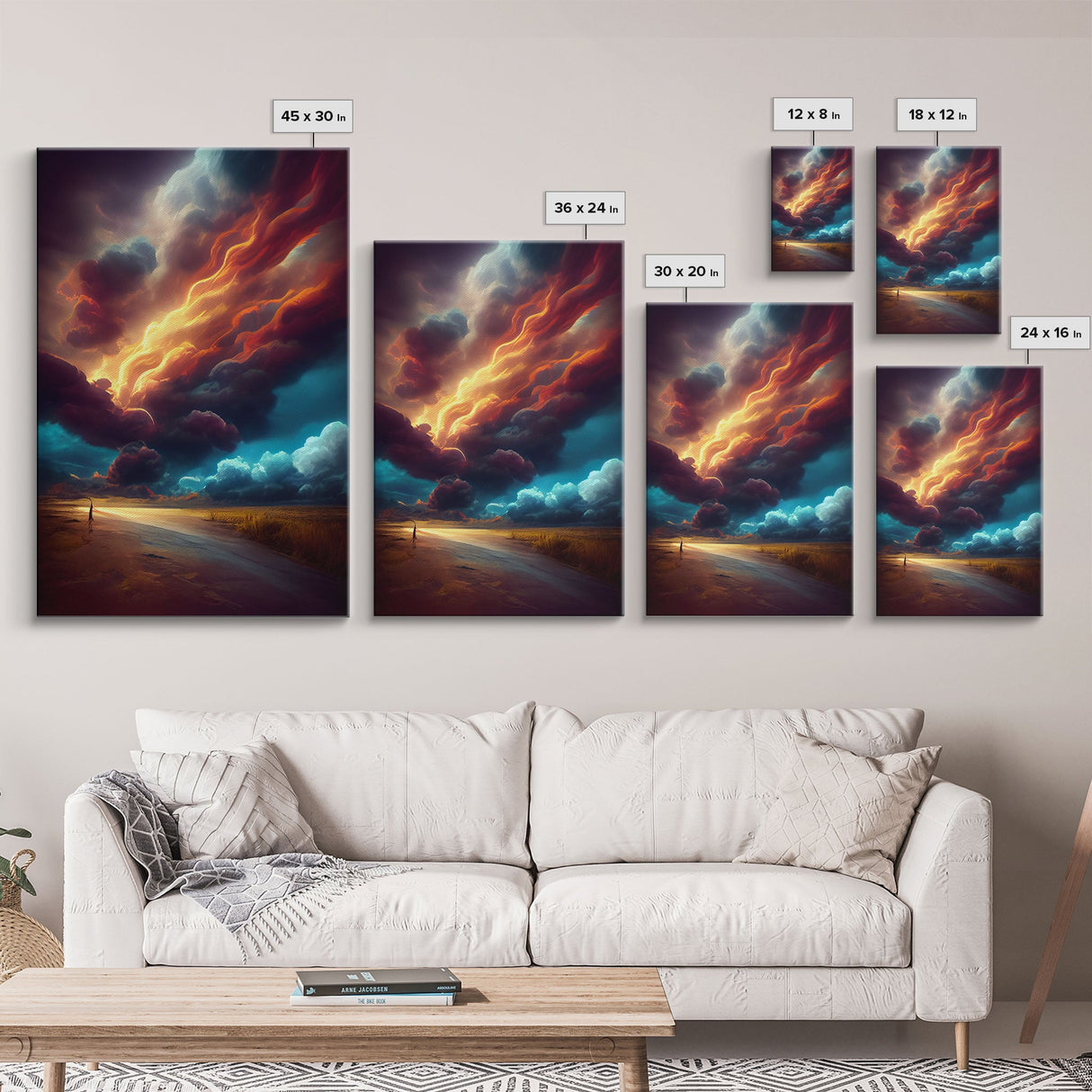 Watercolor painting canvas print of a thunder storm, gloomy wall art, golden hour, cool rain storm wall art