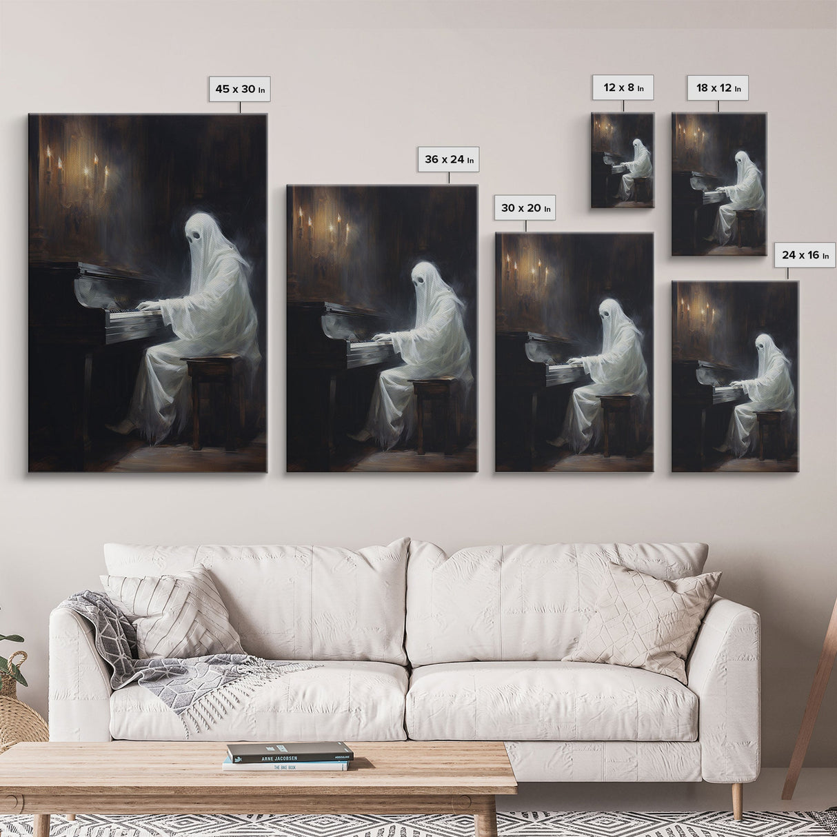 Spooky White Ghost Playing A Piano, Gothic Victorian Halloween Art, Halloween Decoration / Wall Art, Skeleton Art, Gothic Oil Painting