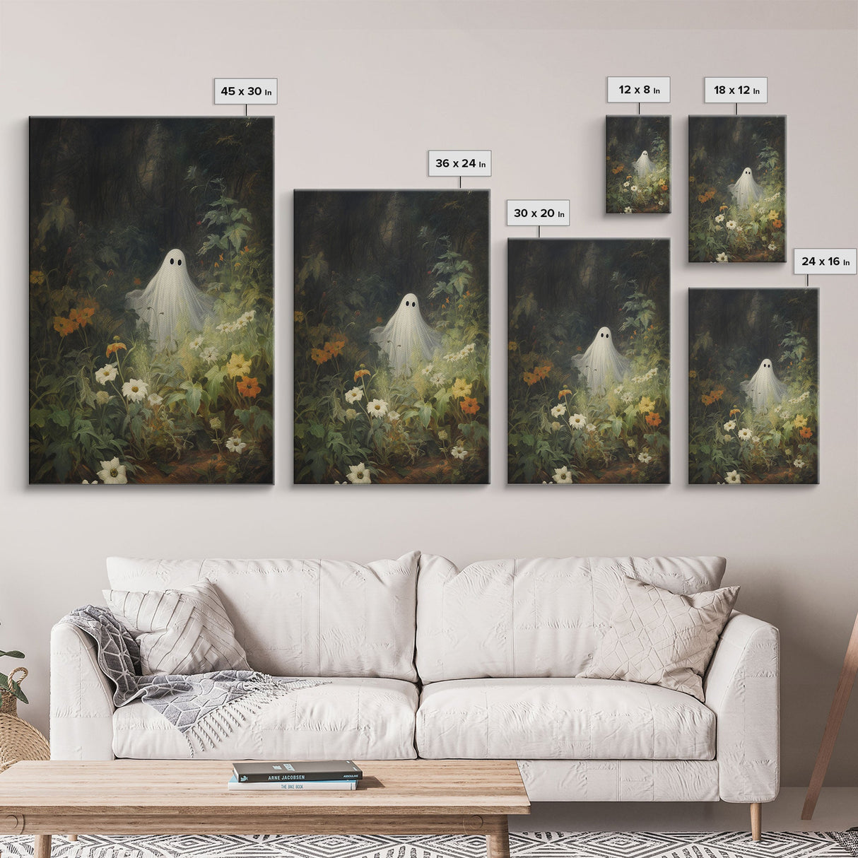 The Ghost Amongst The Flowers, Halloween Canvas Print, Framed Canvas Art, Halloween Decor, Dark Academia, Horror Prints, Oil Painting