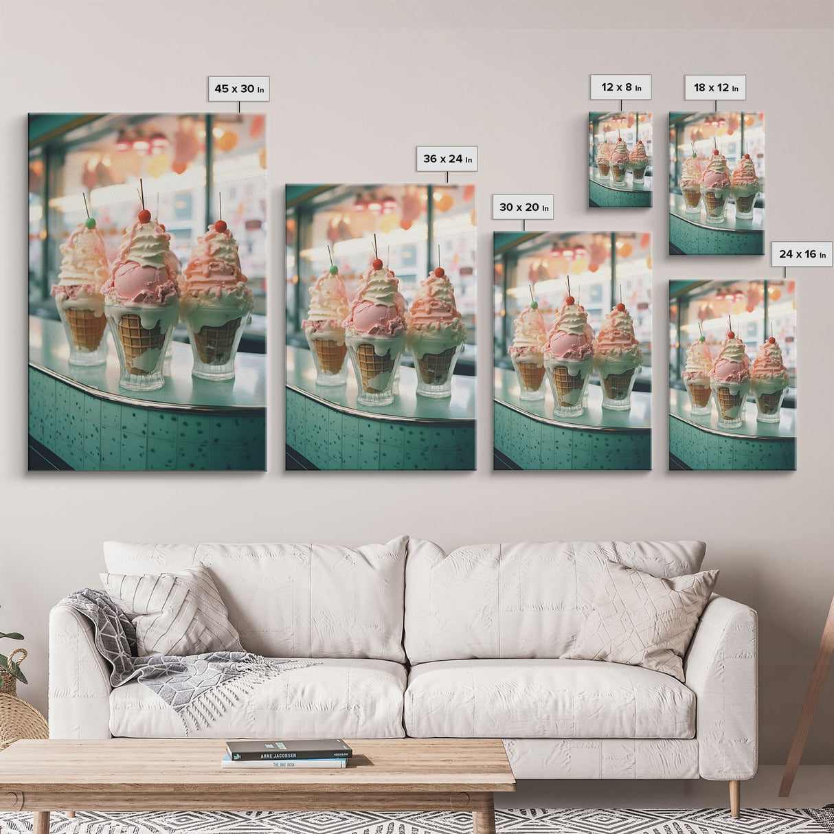 A Strawberry Sunday Kitchen Decor, Ice Cream Art, Framed Canvas Print, Ice Cream Parlor Decor, Icecream Shop Wall Art, MCM Style Decor