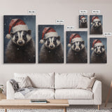 Cute Christmas Badger In A Santa Hat, Framed Canvas Print, Christmas Art, Christmas Decor, Christmas Art Print, Christmas Wall Art