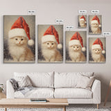 Cute White Kitten In A Christmas Hat, Farmhouse Christmas, Farmhouse Decor, Framed Canvas Print Seasonal Wall Art Winter Decor Christmas Art