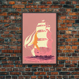 Pastel pirate ship, pink boat, vaporwave pirate ship, framed canvas print, framed wall art