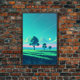 Retrowave landscape pixel art, soothing art, framed canvas print, light pastel sunset
