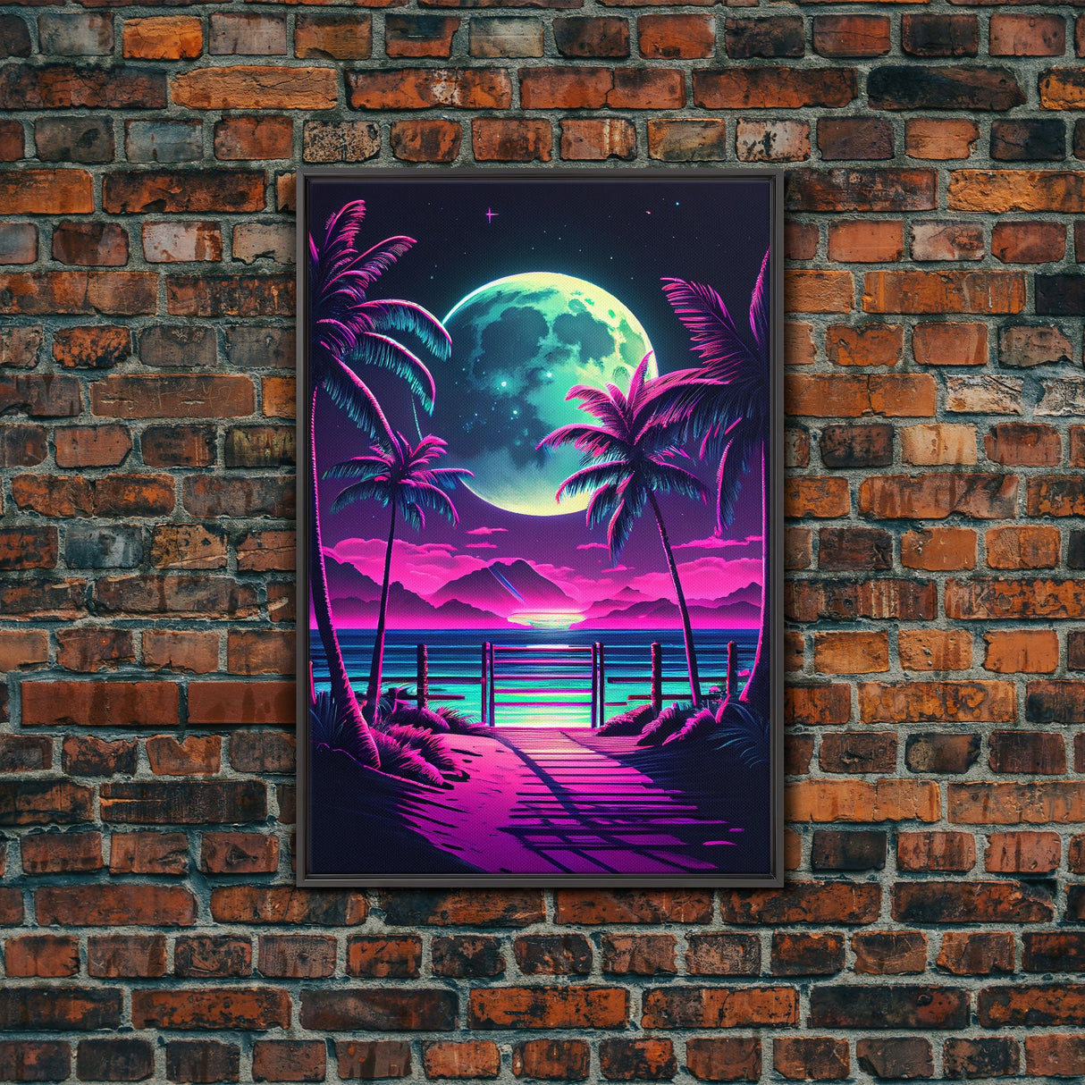 Full Moon over a Florida Beach, Palm Trees, Outrun Style Beach Landscape art, framed canvas Print