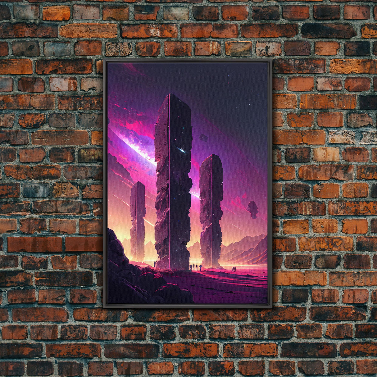 The Monoliths, Scifi art, retro synthwave style alien planet art, framed canvas print