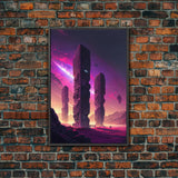 The Monoliths, Scifi art, retro synthwave style alien planet art, framed canvas print
