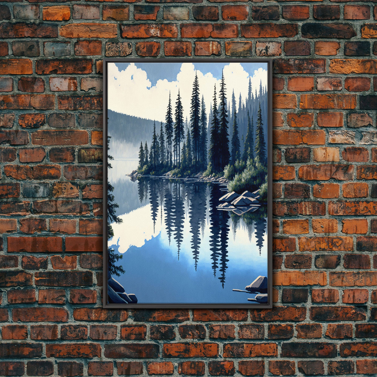 Washington State Pine Tree Forest and Lake Reflection, Framed Canvas print, watercolor painting print, unique living room wall art