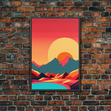Outrun Style Art Deco Desert Sunset, Framed Canvas Print, Retro Style 80s Vibe Wall Decor, Office Art, Game Room Decor, Living Room Art