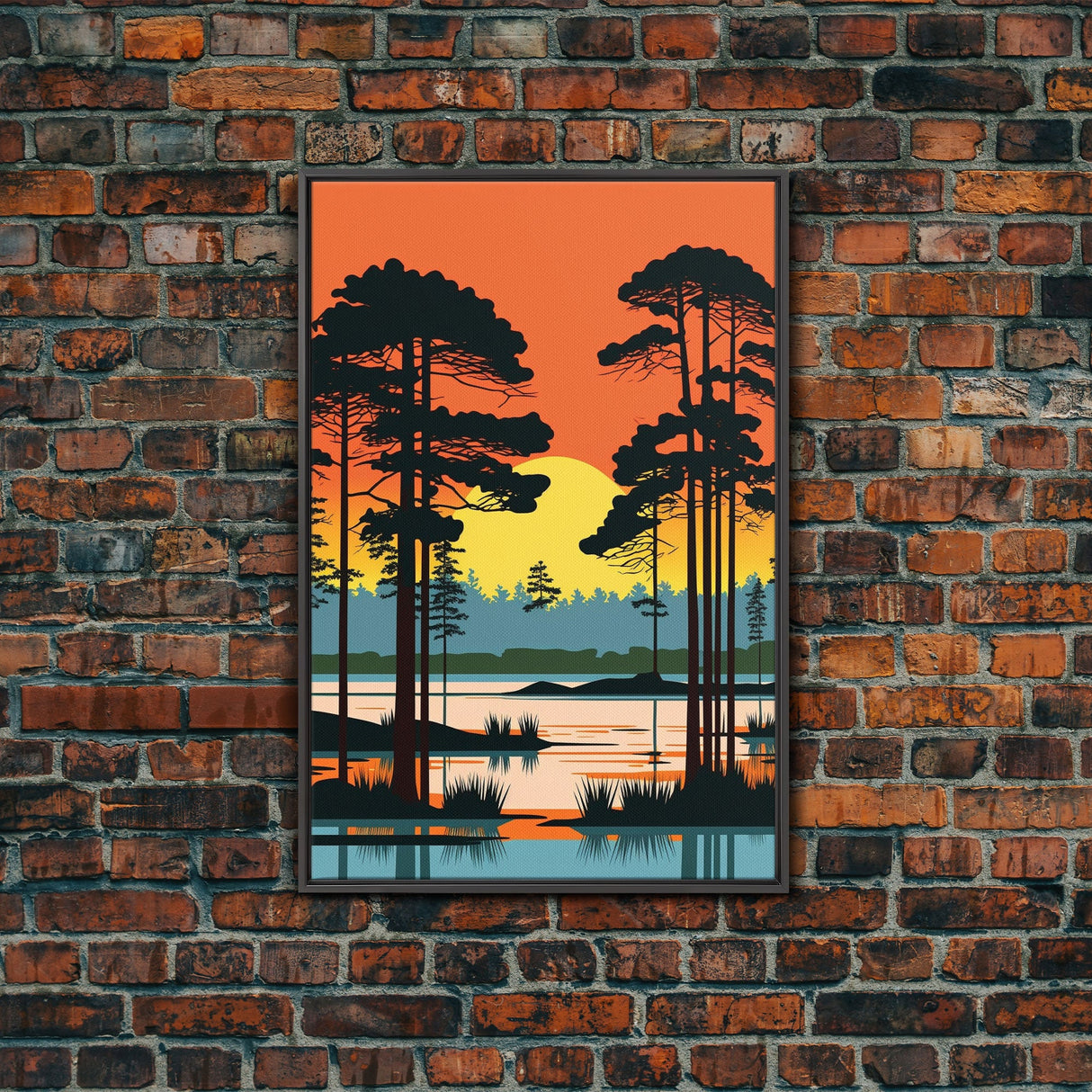 Vintage Style Art, Framed Canvas Prints, Lake and Pine Tree Forest Landscape, Florida Everglades at Sunset
