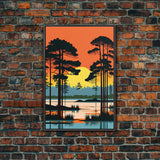 Vintage Style Art, Framed Canvas Prints, Lake and Pine Tree Forest Landscape, Florida Everglades at Sunset