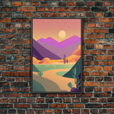 Retro Art Deco Style Minimalist Desert Landscape Print, Framed Canvas Art, Synthwave Style, Southwestern Decor, Western Art, Guest Room