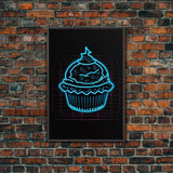Teal Neon Lights Cupcake Wall Decor, Kitchen Wall Art, Glowing Art, Minimalist Print, Wall Decor, Canvas Print, Wall Art, Framed Canvas