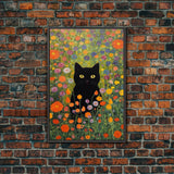 Gustav Klimt Inspired Garden Cat, Funny Black Cat Art, Framed Canvas Print, Fine Art Poster, Cute Cat Art, Funny Gift, Funny Cat Prints