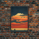 Retro Japanese style wall art, sunrise over the mountains, canvas print, woodblock print style art, Hokusai vintage style wall art