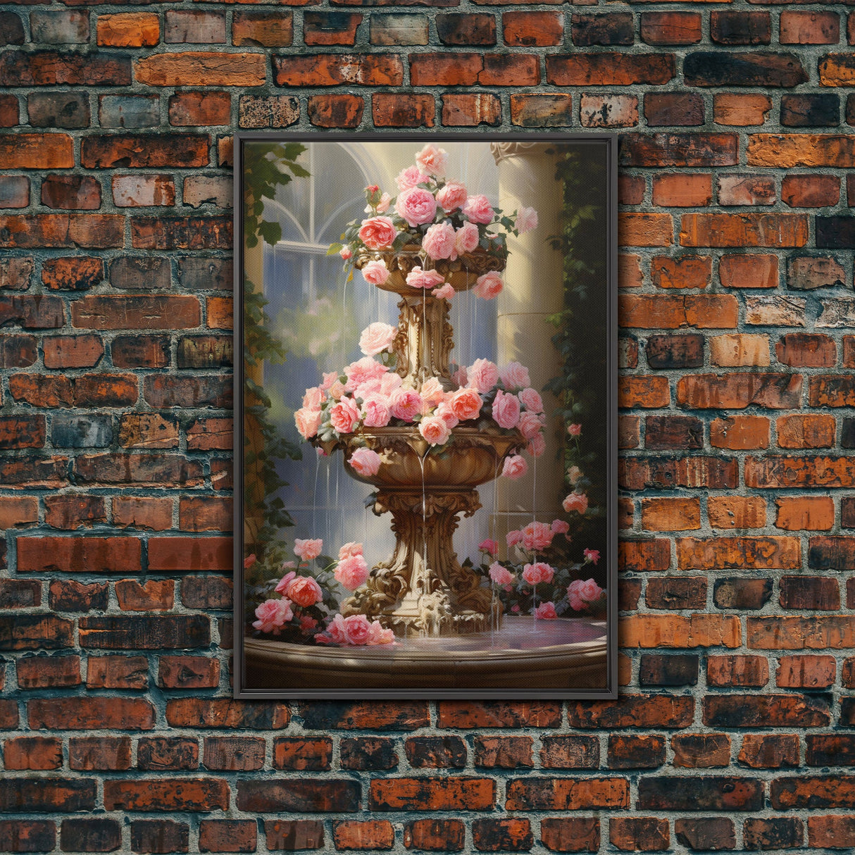 Fountain Wall Print, Pink Roses Wall Art, Flower Art Print, Canvas Print, Wall Art, Vertical Print, Botanical Art, Country Home Decor