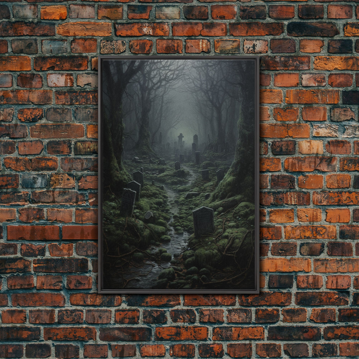 Haunted Cemetery, Macabre Halloween Art, Dark Arts, Framed Canvas Print, Graveyard At Midnight, Spooky Halloween Art