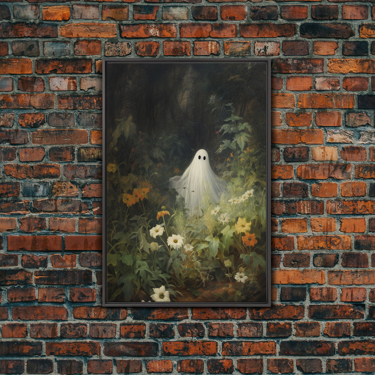 The Ghost Amongst The Flowers, Halloween Canvas Print, Framed Canvas Art, Halloween Decor, Dark Academia, Horror Prints, Oil Painting