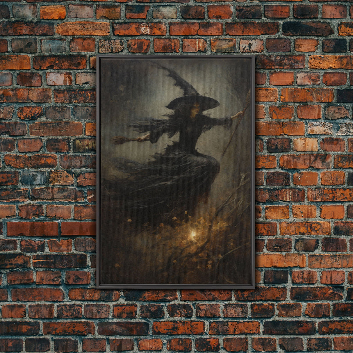 Spooky Season Witch Decor, Witch Painting Framed Canvas Print, Halloween Art, Witch Art, Witchcraft, Witch Decor, Felt Witch Hat