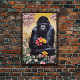 Portrait of a happy gorilla holding flowers, Framed Canvas Print, Ready To Hang Framed Wall Art