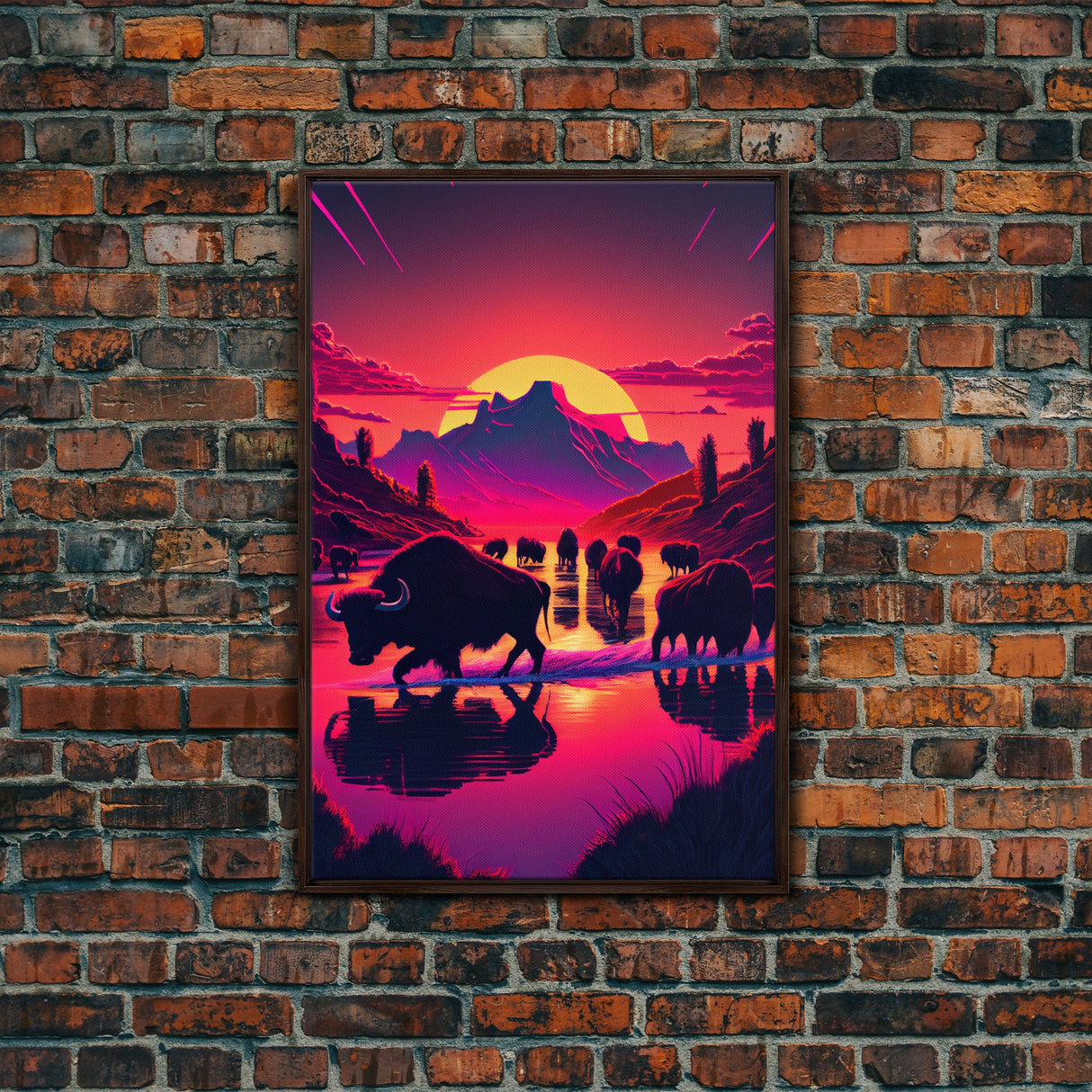 North American Buffalo at Sunset, Western Decor, framed canvas print, bison art, primitive farmhouse decor