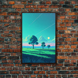 Retrowave landscape pixel art, soothing art, framed canvas print, light pastel sunset