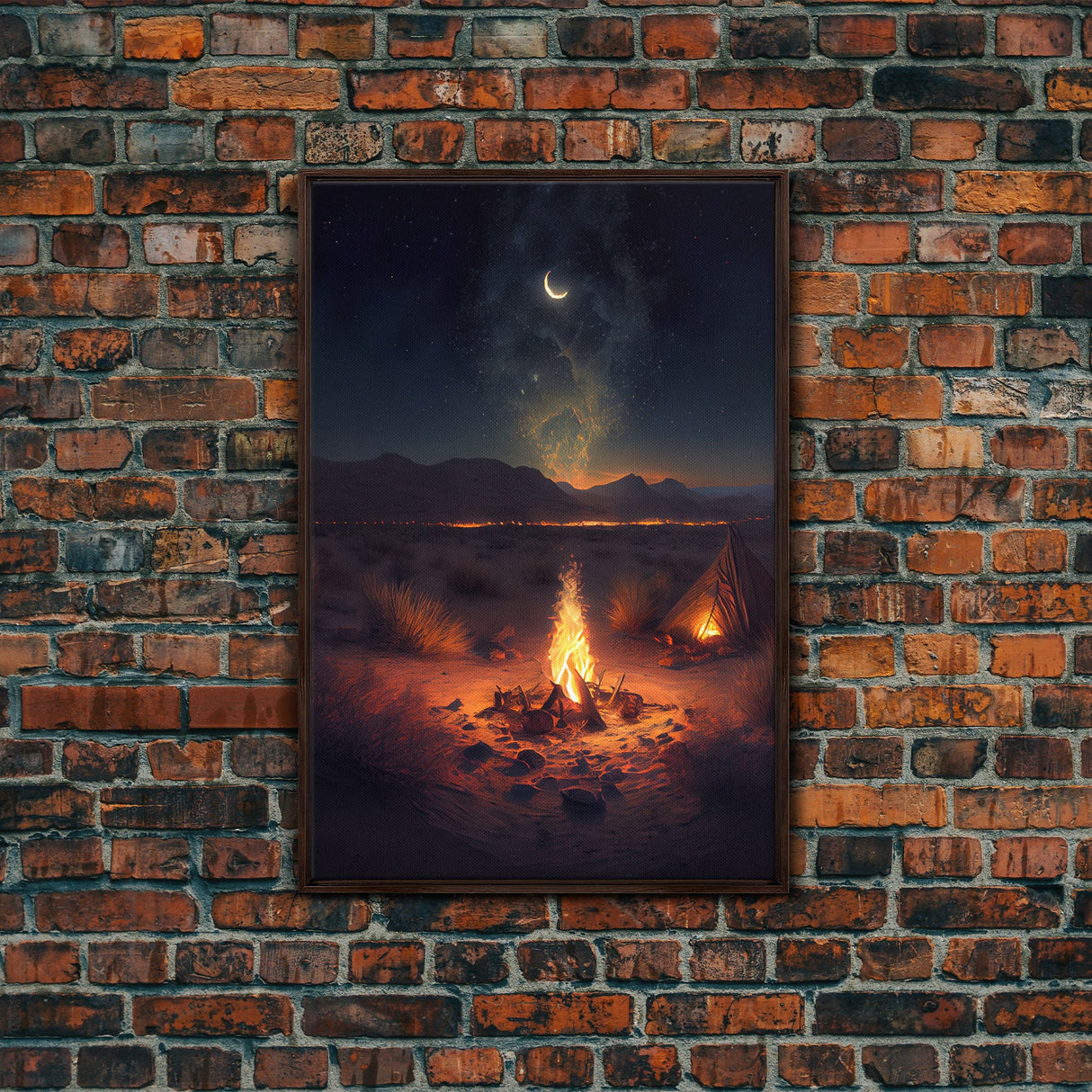 Primitive Art, Campfire under the stars, camping art, framed canvas print