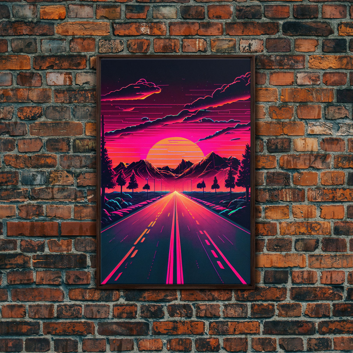 Outrun Sunset over the Arizona mountains, neon aesthetic art,  framed canvas print