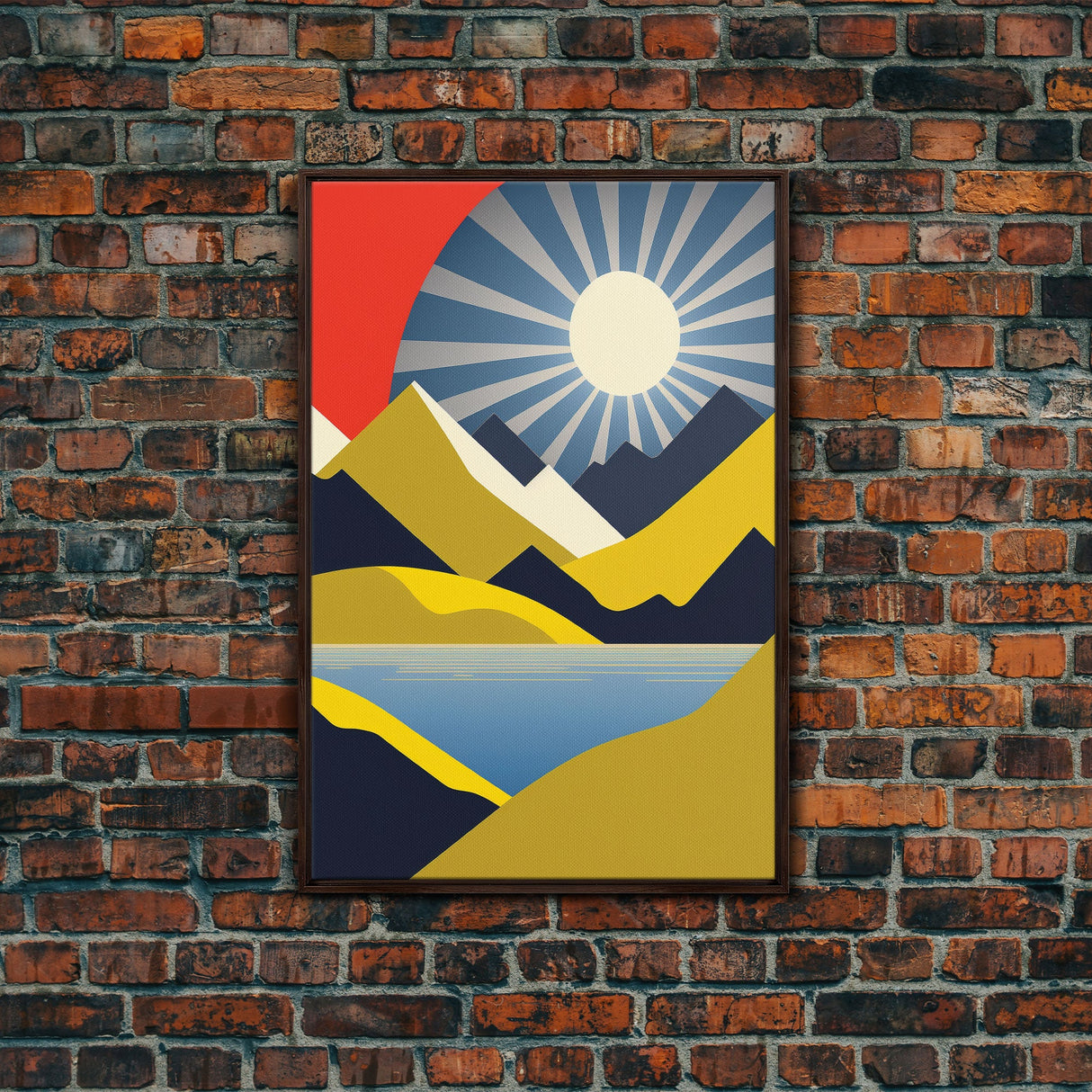 Scandinavian Style Midcentury Wall Art, Framed Canvas Print - Art Deco Minimalist Sunset Retro Style Wall Art Sepia Tones