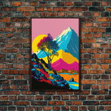 Retro Midcentury Style Wall Art, Framed Canvas Print, Colorful Wall Art, Mountain Landscape, Office Decor, Low Res Art