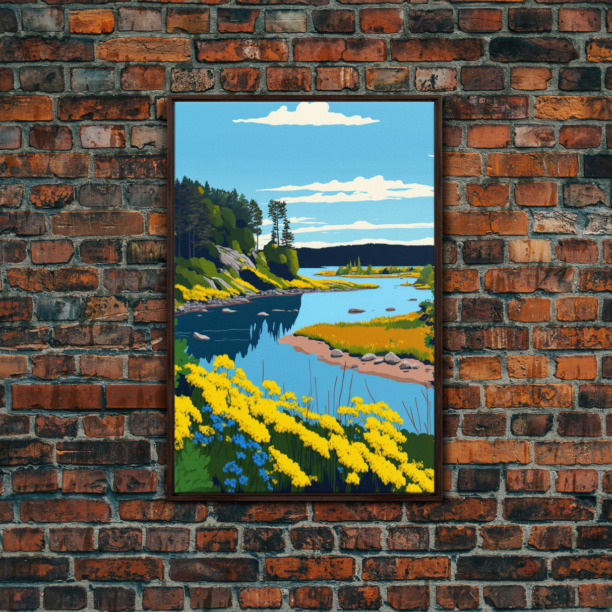 Colorful Pop Art Picture of a Stream, Framed Canvas Print, Surrealist High Contrast Cel Shaded Landscape Art
