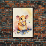 Mouse monchin' some cheese Watercolor Print, Mouse Art Painting, Framed Canvas Print, Cute mouse cartoon