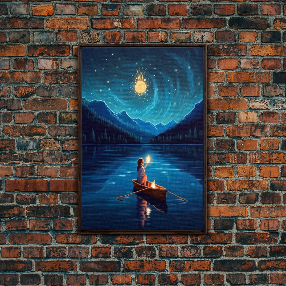 Starry Night, Girl Wizard Lights Up The Night Sky, Fantasy Art, Framed Canvas Print, Fantasy Painting Print, Original Art
