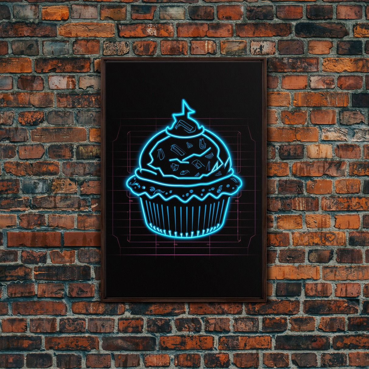 Teal Neon Lights Cupcake Wall Decor, Kitchen Wall Art, Glowing Art, Minimalist Print, Wall Decor, Canvas Print, Wall Art, Framed Canvas