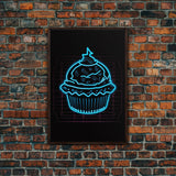 Teal Neon Lights Cupcake Wall Decor, Kitchen Wall Art, Glowing Art, Minimalist Print, Wall Decor, Canvas Print, Wall Art, Framed Canvas