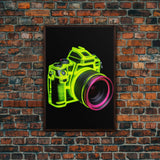 Neon Green Camera Wall Art, Neon Wall Decor, Photography Art,  Minimalist Print, Wall Decor, Canvas Print, Wall Art, Framed Canvas
