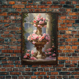 Fountain Wall Print, Pink Roses Wall Art, Flower Art Print, Canvas Print, Wall Art, Vertical Print, Botanical Art, Country Home Decor