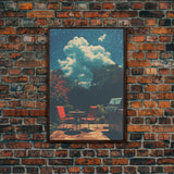 Back Yard Chillin', Summer Vibes, Framed Canvas Print, Retro Midcentury Modern BBQ Art, BBQ During An Eclipse, Liminal Art, Minimalist MCM