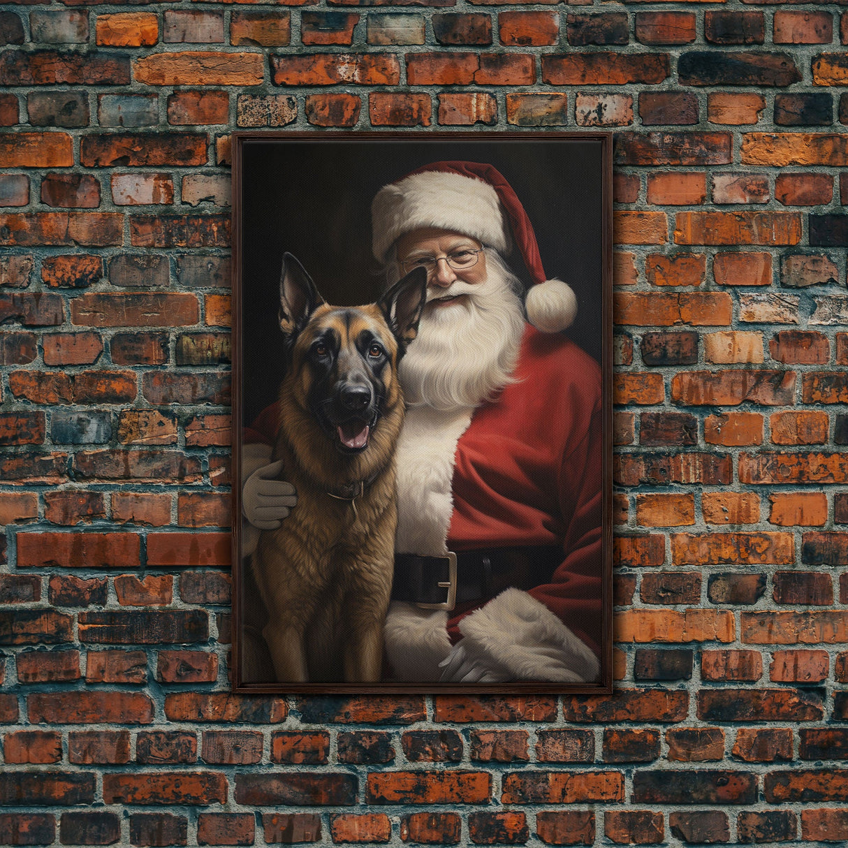 Santa Claus and his Belgian Malinois, Cute Dog Art, Framed Canvas Print, Christmas Art, Christmas Decor, Christmas Art Print, Cute Dog Print