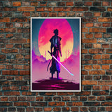 Synthwave Samurai, Cyberpunk Samurai Art, Framed Canvas Print, Ready To Hang Framed Wall Art