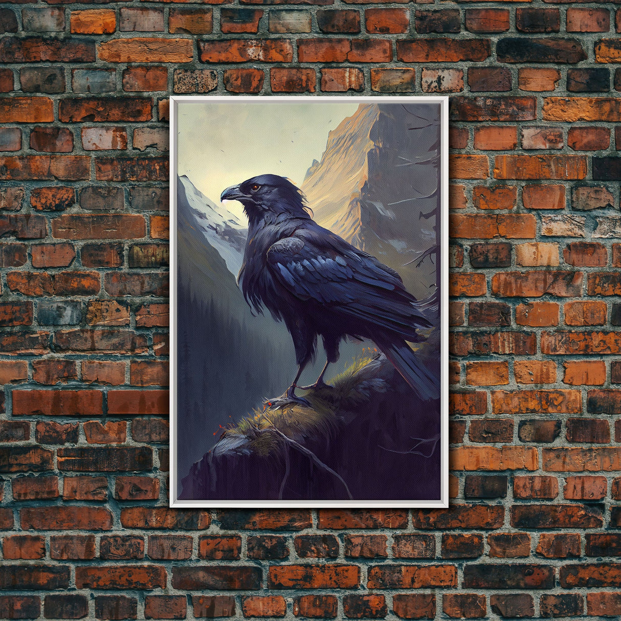 Portrait of a raven in the mountains, crow art, framed canvas print, framed wall art