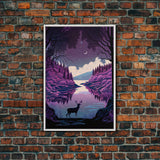 Mystical Deer Purple Forest Lake Wall Art Canvas Print - Serene Nature Scene Vibrant Artwork