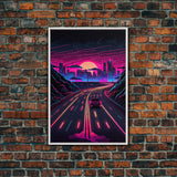 The Drive, Retrowave Outrun Style City Skyline Sunset, 80s Vibes, Framed Canvas Print
