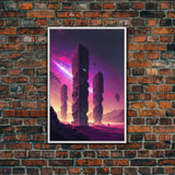 The Monoliths, Scifi art, retro synthwave style alien planet art, framed canvas print