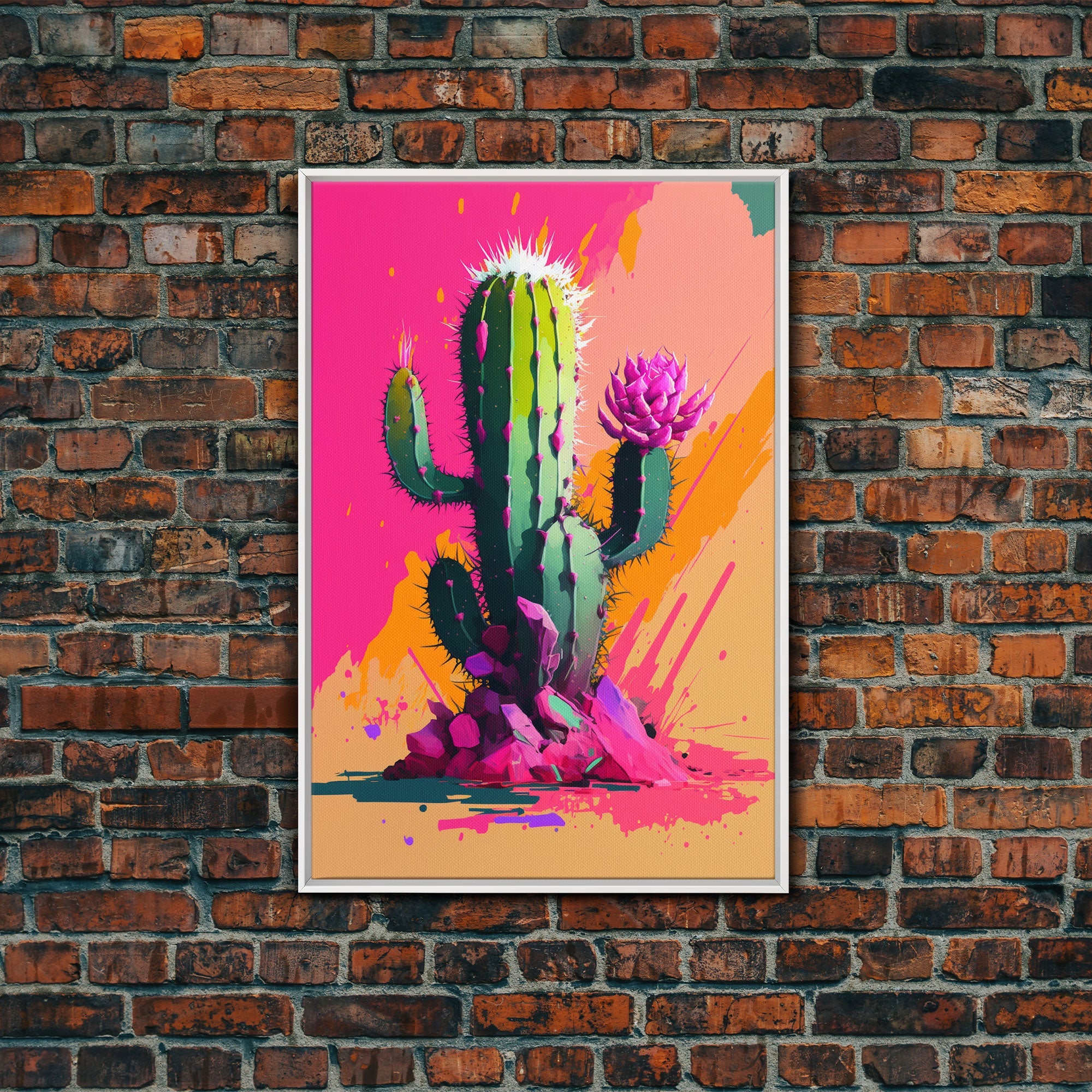 Pop Art Mexico Cactus Art, Synthwave Pink Art, Framed Canvas Print