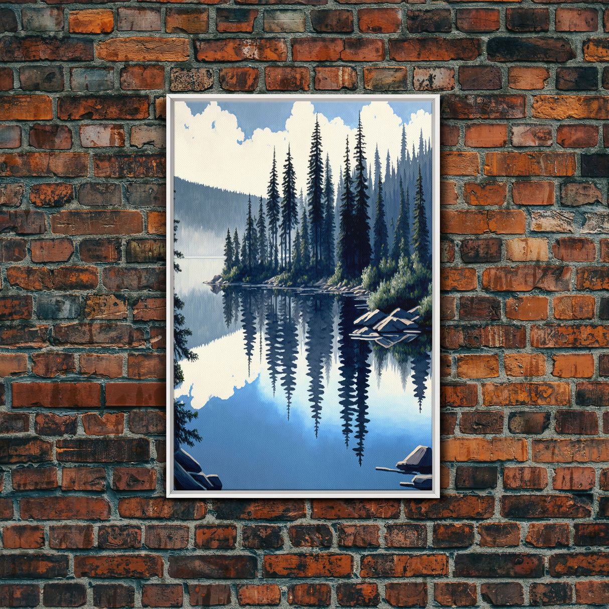 Washington State Pine Tree Forest and Lake Reflection, Framed Canvas print, watercolor painting print, unique living room wall art