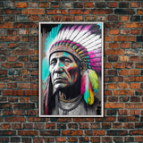 The Warrior, Native American Chief, Graffiti Art Portrait, Framed Canvas Print, Rainbow Feather Mohawk, Pop Art Portrait