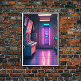 Vaporwave Futuristic Cyberpunk Space Ship Control Room, Framed Canvas Print, Scifi Art