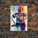 Retro Rotary Phone Art, Watercolor, Framed Canvas Print, Large Wall Art, Retro Style Decor