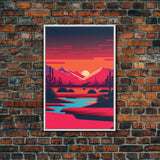 Retro Synthwave Desert Landscape Art, Framed Canvas Print, Unique Sunset Art, Living Room Wall Decor, Framed Art